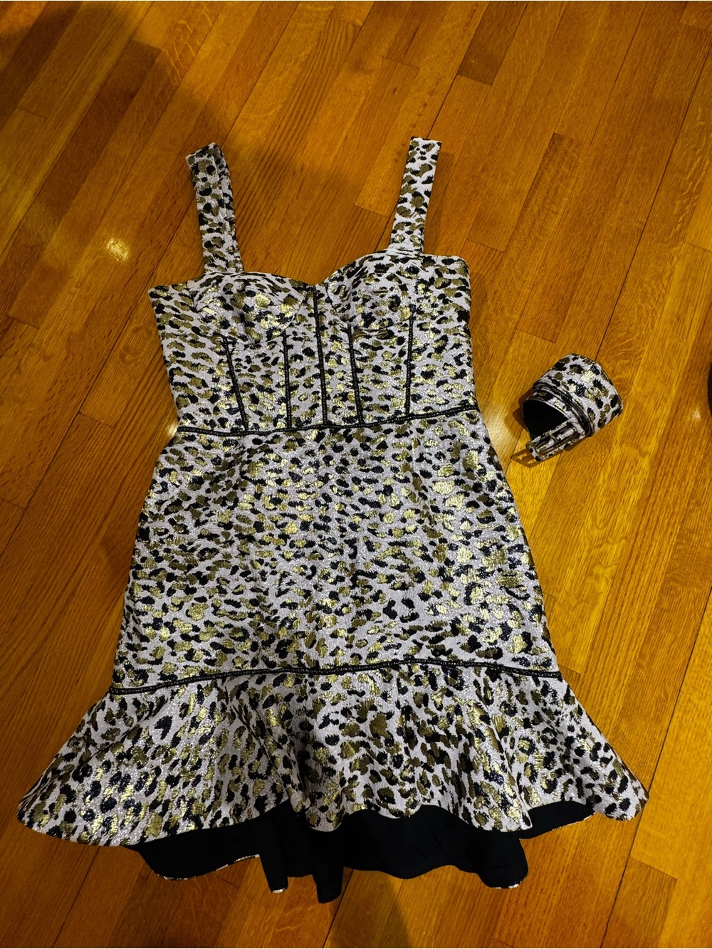 Johnathan Simkhai Metallic Leopard Print Fit-and-Flare Dress with Belt size 12